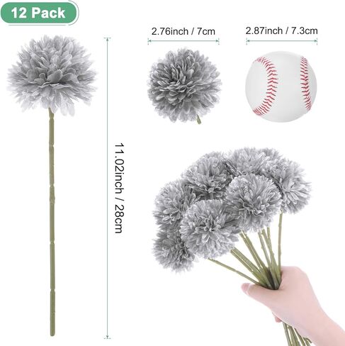 M METERXITY 12-Pack Artificial Chrysanthemum Ball Flowers, 11 Inch Faux Chrysanthemum Silk Bouquets Real Touch Faux Flowers for Home/Wedding/Christmas/Party[Silver] in Saudi Arabia