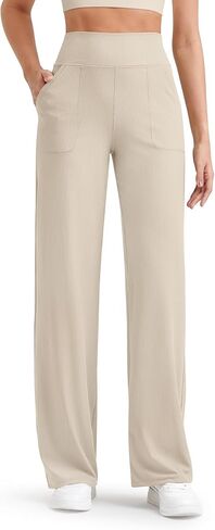 G4Free Women Lounge Wide Leg Pants Ribbed Lightweight Yoga Pants with Pockets Casual Comfy Pants(Light Khaki,S,32") in Saudi Arabia