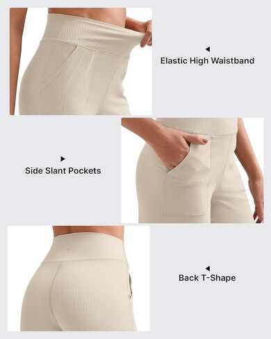 G4Free Women Lounge Wide Leg Pants Ribbed Lightweight Yoga Pants with Pockets Casual Comfy Pants(Light Khaki,S,32") in Saudi Arabia