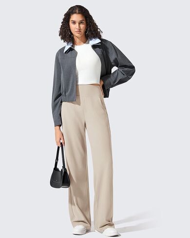 G4Free Women Lounge Wide Leg Pants Ribbed Lightweight Yoga Pants with Pockets Casual Comfy Pants(Light Khaki,S,32") in Saudi Arabia