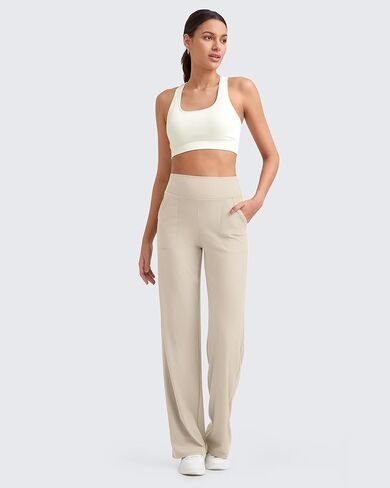 G4Free Women Lounge Wide Leg Pants Ribbed Lightweight Yoga Pants with Pockets Casual Comfy Pants(Light Khaki,S,32") in Saudi Arabia
