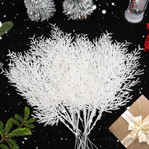 20Pcs Christmas White Artificial Pine Branches- Glitter Fake Foliage Pine Stems Picks- White Leaves Artificial Pines Needles for DIY Christmas Wreath Home Decoration (34.5cm) in Saudi Arabia