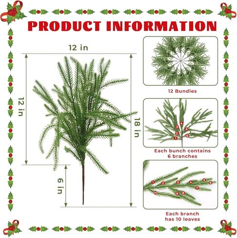 EverPetal 12 Pcs Artificial Pine Branches Christmas Greenery Stems, 18 Inch Norfolk Pine Stems Christmas Tree Branches for Vase DIY Crafts Garland Wreath Xmas Indoor Outdoor Home Office Party Decor in Saudi Arabia