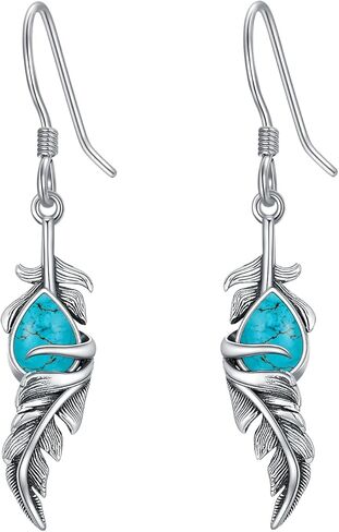 Feather Earrings with Turquoise 925 Sterling Silver Bohemian Style Feather Dangle Drop Earrings for Women Mom Wife in Saudi Arabia