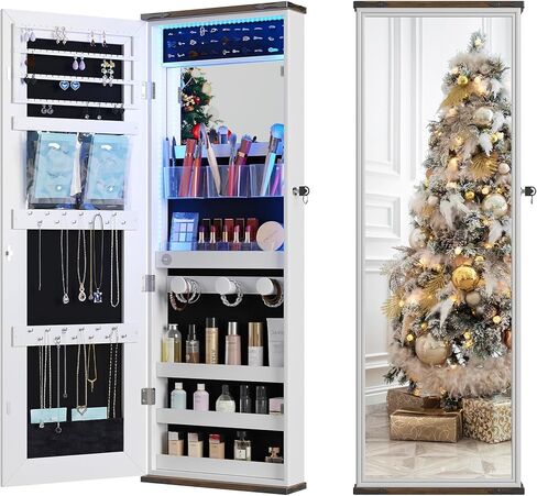 HWB Farmhouse Jewelry Organizer,Jewelry Armoire Cabinet with LED Lights Wall or Door Mounted, Full Length Mirror with Storage&Lockable,Interior Mirror,White in Saudi Arabia