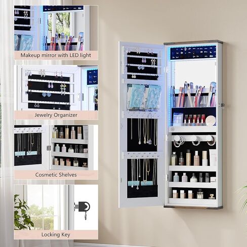 HWB Farmhouse Jewelry Organizer,Jewelry Armoire Cabinet with LED Lights Wall or Door Mounted, Full Length Mirror with Storage&Lockable,Interior Mirror,White in Saudi Arabia