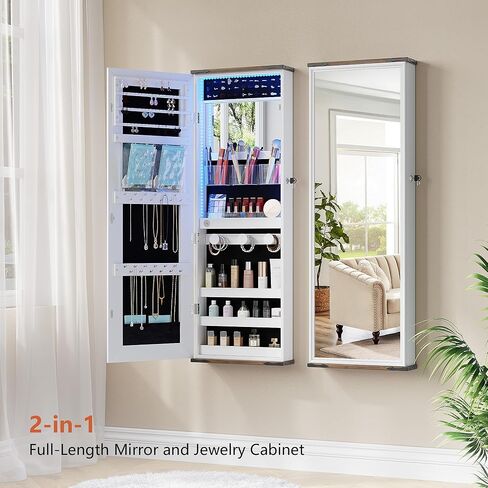 HWB Farmhouse Jewelry Organizer,Jewelry Armoire Cabinet with LED Lights Wall or Door Mounted, Full Length Mirror with Storage&Lockable,Interior Mirror,White in Saudi Arabia