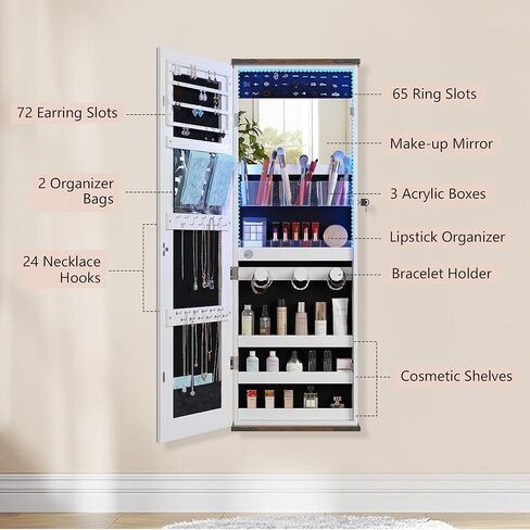 HWB Farmhouse Jewelry Organizer,Jewelry Armoire Cabinet with LED Lights Wall or Door Mounted, Full Length Mirror with Storage&Lockable,Interior Mirror,White in Saudi Arabia