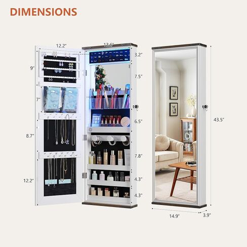 HWB Farmhouse Jewelry Organizer,Jewelry Armoire Cabinet with LED Lights Wall or Door Mounted, Full Length Mirror with Storage&Lockable,Interior Mirror,White in Saudi Arabia