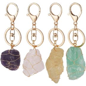 FINGERINSPIRE 4Pcs Natural Quartz Crystal Stone Keychain,4 Styles Wire Wrapped Irregular Rough Gemstone Amethyst Rose Quartz Fluorite Citrine Crystal Stone Keychain with Alloy Rings for Women Men Gift in Saudi Arabia