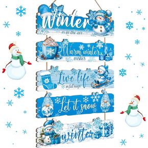 Patelai 5 Pcs Hello Winter Snowflakes Sign for Front Door Wooden Blue Snowman Hanging Sign Winter Decor Door Wreath Welcome Hot Chocolate Wall Sign Decor for Home Garden Indoor Outdoor in Saudi Arabia