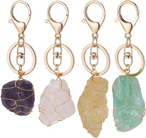 FINGERINSPIRE 4Pcs Natural Quartz Crystal Stone Keychain,4 Styles Wire Wrapped Irregular Rough Gemstone Amethyst Rose Quartz Fluorite Citrine Crystal Stone Keychain with Alloy Rings for Women Men Gift in Saudi Arabia