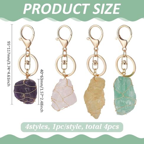 FINGERINSPIRE 4Pcs Natural Quartz Crystal Stone Keychain,4 Styles Wire Wrapped Irregular Rough Gemstone Amethyst Rose Quartz Fluorite Citrine Crystal Stone Keychain with Alloy Rings for Women Men Gift in Saudi Arabia