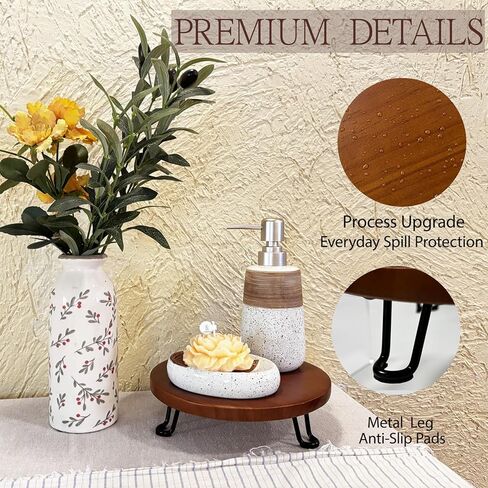 Banrinly 8 Inch Round Wood Riser with Metal Legs - Decorative Pedestal Tray Stand for Countertop Organizer - Farmhouse Boho Style Display Stand for Kitchen, Bathroom, Coffee Bar in Saudi Arabia