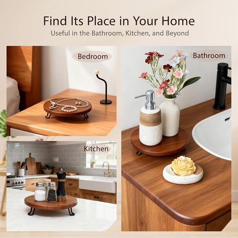 Banrinly 8 Inch Round Wood Riser with Metal Legs - Decorative Pedestal Tray Stand for Countertop Organizer - Farmhouse Boho Style Display Stand for Kitchen, Bathroom, Coffee Bar in Saudi Arabia