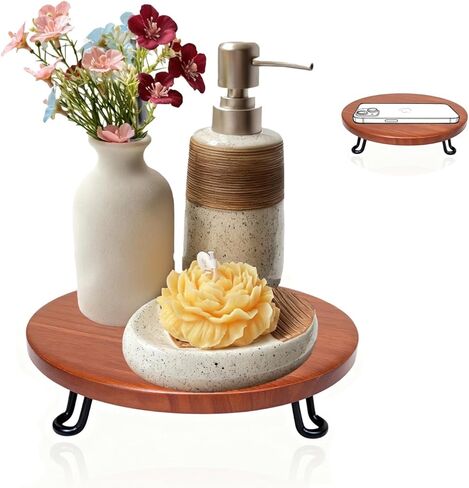 Banrinly 8 Inch Round Wood Riser with Metal Legs - Decorative Pedestal Tray Stand for Countertop Organizer - Farmhouse Boho Style Display Stand for Kitchen, Bathroom, Coffee Bar in Saudi Arabia