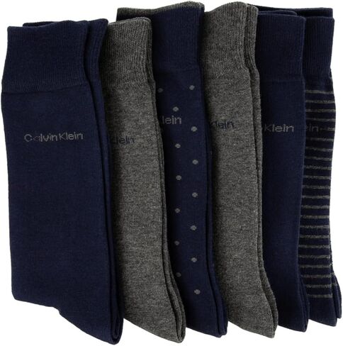 جورب رجالي من Calvin Klein مصنوع من القطن الممشط ذو مقدمة ناعمة مقاس القوس: 6-12 (6 أزواج) (رمادي - كحلي - كحلي مع نقاط رمادية - شريط رمادي كحلي) in Kuwait