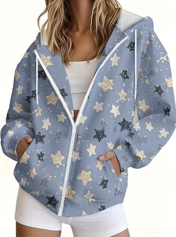 Women Christmas Sweet Hoodie Floral Print Zip Up Long Sleeve Warm Pullover Elegant Streetwear Fashion Top in Saudi Arabia
