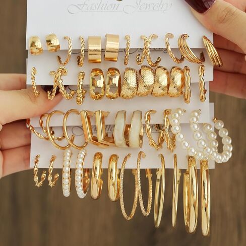24 Pairs Women Chunky Gold Hoop Earrings Set, Hypoallergenic Fashion Personality Hoop Earrings Set, Various Small Twist Hoop Jewelry for Gift in Saudi Arabia