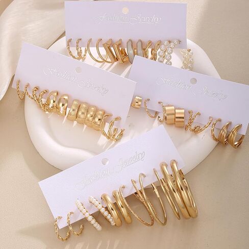 24 Pairs Women Chunky Gold Hoop Earrings Set, Hypoallergenic Fashion Personality Hoop Earrings Set, Various Small Twist Hoop Jewelry for Gift in Saudi Arabia