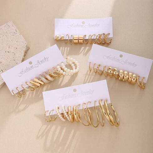24 Pairs Women Chunky Gold Hoop Earrings Set, Hypoallergenic Fashion Personality Hoop Earrings Set, Various Small Twist Hoop Jewelry for Gift in Saudi Arabia