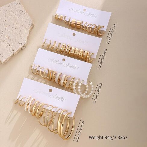 24 Pairs Women Chunky Gold Hoop Earrings Set, Hypoallergenic Fashion Personality Hoop Earrings Set, Various Small Twist Hoop Jewelry for Gift in Saudi Arabia