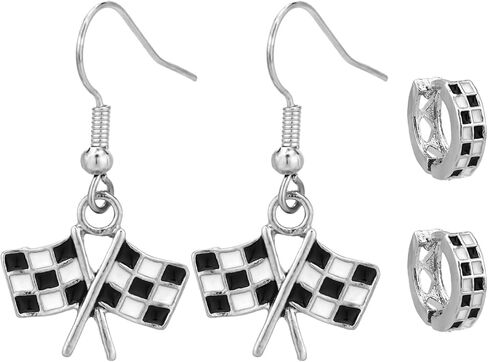 2 Pairs Checkered Earrings, 2 Design Black and White Ladies Checkered Flag & Hoop Pendant Earring Vintage Jewelry Accessories Women's Racing Charm for Race Drivers and Fans Gift in Saudi Arabia
