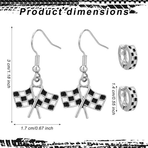 2 Pairs Checkered Earrings, 2 Design Black and White Ladies Checkered Flag & Hoop Pendant Earring Vintage Jewelry Accessories Women's Racing Charm for Race Drivers and Fans Gift in Saudi Arabia
