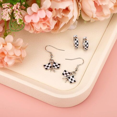 2 Pairs Checkered Earrings, 2 Design Black and White Ladies Checkered Flag & Hoop Pendant Earring Vintage Jewelry Accessories Women's Racing Charm for Race Drivers and Fans Gift in Saudi Arabia