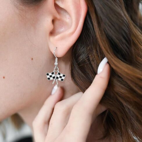 2 Pairs Checkered Earrings, 2 Design Black and White Ladies Checkered Flag & Hoop Pendant Earring Vintage Jewelry Accessories Women's Racing Charm for Race Drivers and Fans Gift in Saudi Arabia