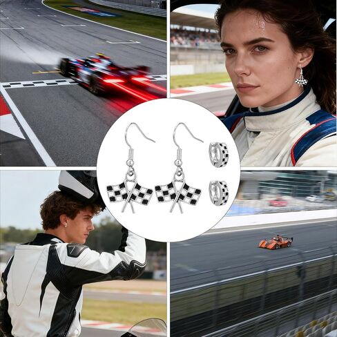 2 Pairs Checkered Earrings, 2 Design Black and White Ladies Checkered Flag & Hoop Pendant Earring Vintage Jewelry Accessories Women's Racing Charm for Race Drivers and Fans Gift in Saudi Arabia