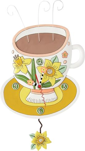 تصميمات enesco allen زهرة فنجان قهوة من ساعة حائط الفرح - ساعة تناظرية بندول تعمل بالبطارية، ساعات تزيين من الراتنج الحجري للجدران وديكور المنزل وساعات المطبخ، 13 بوصة in Kuwait