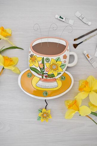 تصميمات enesco allen زهرة فنجان قهوة من ساعة حائط الفرح - ساعة تناظرية بندول تعمل بالبطارية، ساعات تزيين من الراتنج الحجري للجدران وديكور المنزل وساعات المطبخ، 13 بوصة in Kuwait