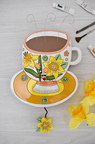 تصميمات enesco allen زهرة فنجان قهوة من ساعة حائط الفرح - ساعة تناظرية بندول تعمل بالبطارية، ساعات تزيين من الراتنج الحجري للجدران وديكور المنزل وساعات المطبخ، 13 بوصة in Kuwait