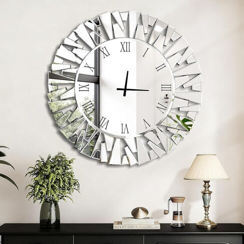 Jesmaikor Wall Clock, Round Silver Mirror Silent 32 Inch Large Wall Clock, Modern Glass Wall Decor, Clock Battery Operated, Suitable for Living Room, Home, Kitchen, Office in Saudi Arabia