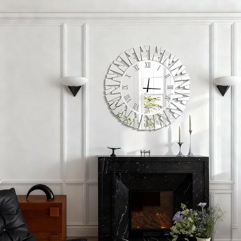Jesmaikor Wall Clock, Round Silver Mirror Silent 32 Inch Large Wall Clock, Modern Glass Wall Decor, Clock Battery Operated, Suitable for Living Room, Home, Kitchen, Office in Saudi Arabia