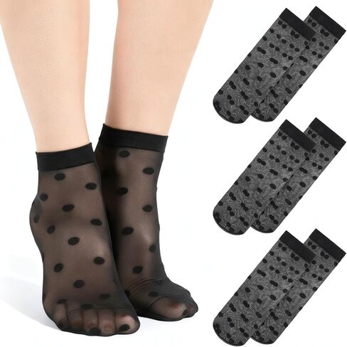 FdcLixuvol 3 Pairs Women Sheer Ankle Socks, Sheer Polka Dot Ankle Dress Socks for Women, Stretchy Breathable Reinforced Toe Nylon Thin Fishnet Mesh Elegant Casual Lace Trouser Sockings (Black) in Saudi Arabia