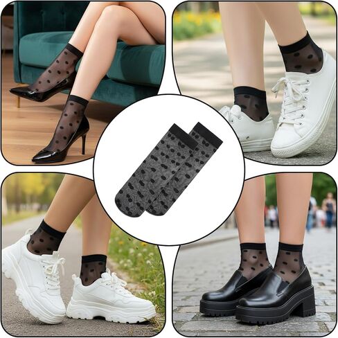FdcLixuvol 3 Pairs Women Sheer Ankle Socks, Sheer Polka Dot Ankle Dress Socks for Women, Stretchy Breathable Reinforced Toe Nylon Thin Fishnet Mesh Elegant Casual Lace Trouser Sockings (Black) in Saudi Arabia