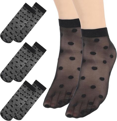 FdcLixuvol 3 Pairs Women Sheer Ankle Socks, Sheer Polka Dot Ankle Dress Socks for Women, Stretchy Breathable Reinforced Toe Nylon Thin Fishnet Mesh Elegant Casual Lace Trouser Sockings (Black) in Saudi Arabia