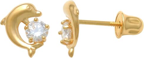 ANYGOLDS 14k Solid Gold Dolphin Stud Earrings – Cubic Zirconia & Sapphire Earrings for Multiple Piercings - Flawless Screw-back Jewelry for Women – Perfect for Minimalist Design - Sold as a Pair in Saudi Arabia