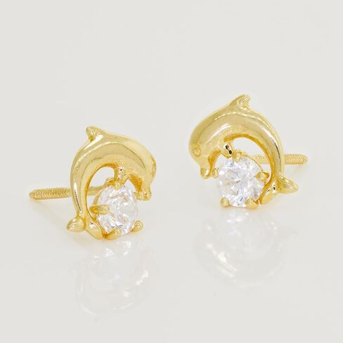 ANYGOLDS 14k Solid Gold Dolphin Stud Earrings – Cubic Zirconia & Sapphire Earrings for Multiple Piercings - Flawless Screw-back Jewelry for Women – Perfect for Minimalist Design - Sold as a Pair in Saudi Arabia