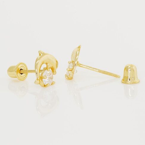 ANYGOLDS 14k Solid Gold Dolphin Stud Earrings – Cubic Zirconia & Sapphire Earrings for Multiple Piercings - Flawless Screw-back Jewelry for Women – Perfect for Minimalist Design - Sold as a Pair in Saudi Arabia