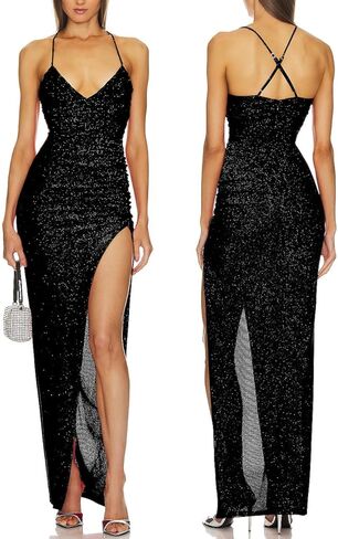 Capuffy Women's Spaghetti Straps Elegant Glitter V-Neck Cocktail Maxi Dress Thigh-High Slit Ruched Bodycon Evening Gown 315 in Saudi Arabia