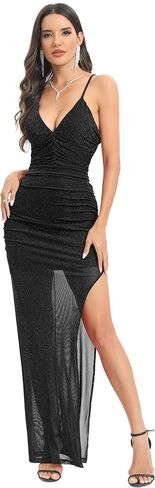 Capuffy Women's Spaghetti Straps Elegant Glitter V-Neck Cocktail Maxi Dress Thigh-High Slit Ruched Bodycon Evening Gown 315 in Saudi Arabia