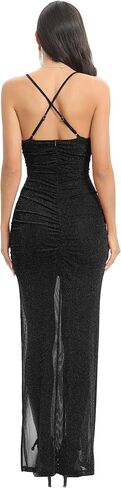 Capuffy Women's Spaghetti Straps Elegant Glitter V-Neck Cocktail Maxi Dress Thigh-High Slit Ruched Bodycon Evening Gown 315 in Saudi Arabia