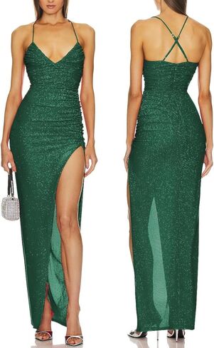 Capuffy Women's Spaghetti Straps Elegant Glitter V-Neck Cocktail Maxi Dress Thigh-High Slit Ruched Bodycon Evening Gown 315 in Saudi Arabia