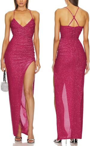 Capuffy Women's Spaghetti Straps Elegant Glitter V-Neck Cocktail Maxi Dress Thigh-High Slit Ruched Bodycon Evening Gown 315 in Saudi Arabia