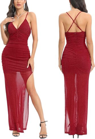 Capuffy Women's Spaghetti Straps Elegant Glitter V-Neck Cocktail Maxi Dress Thigh-High Slit Ruched Bodycon Evening Gown 315 in Saudi Arabia