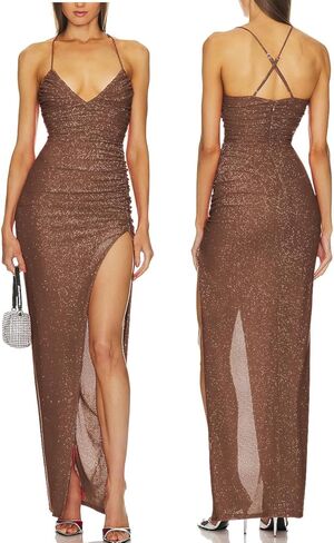 Capuffy Women's Spaghetti Straps Elegant Glitter V-Neck Cocktail Maxi Dress Thigh-High Slit Ruched Bodycon Evening Gown 315 in Saudi Arabia