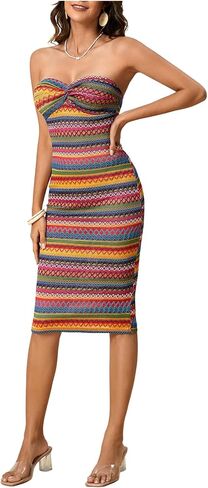 MakeMeChic Women's Twist Strapless Bandeau Tube Dress Geo Striped Sleeveless Long Bodycon Sundress in Saudi Arabia